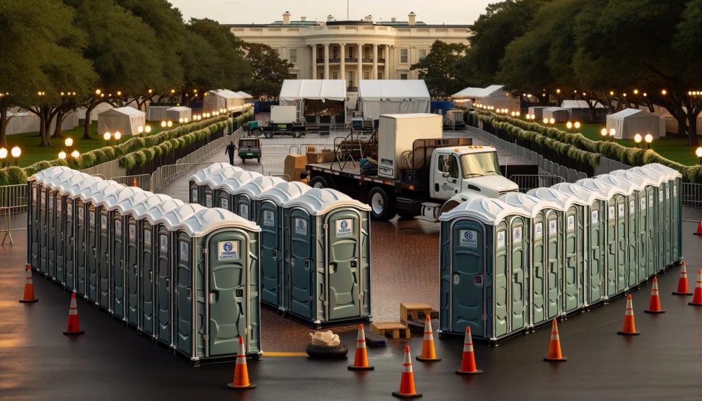 Festival porta potty bank with barricades in McMinnville, Tennessee